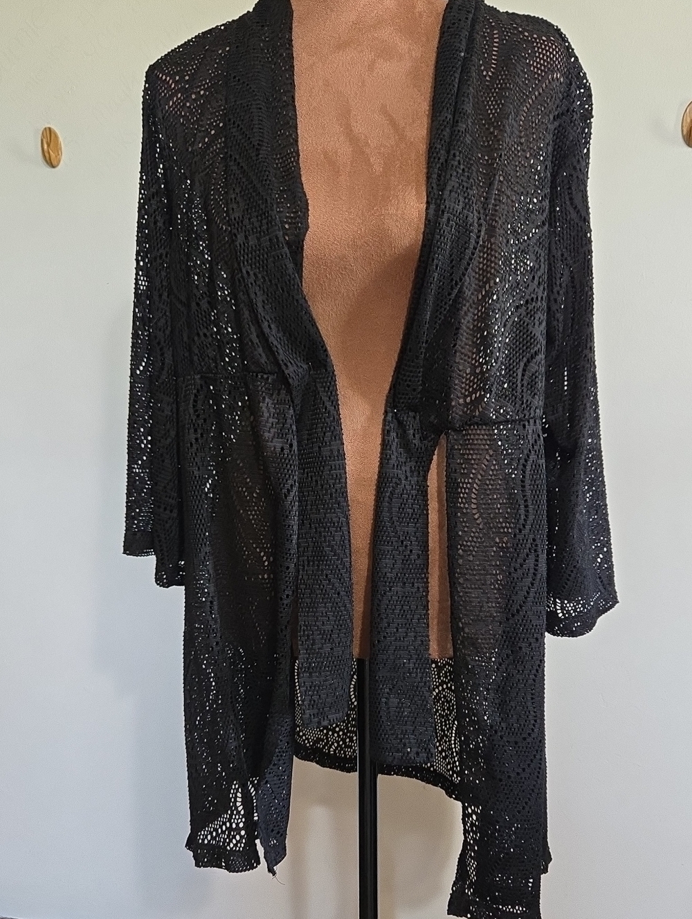 C34 Catalina Lace Open Front Cardigan/Cover-up Crochet Geometric Mesh 3/4 Sleeve - Picture 4 of 10